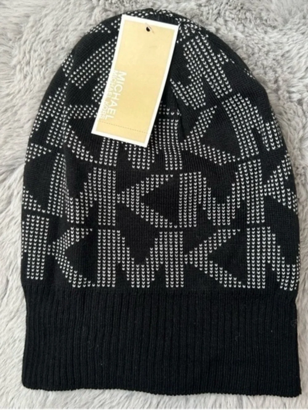 🌸NEW MK Michael Kors Black & White Logo Knit Beanie